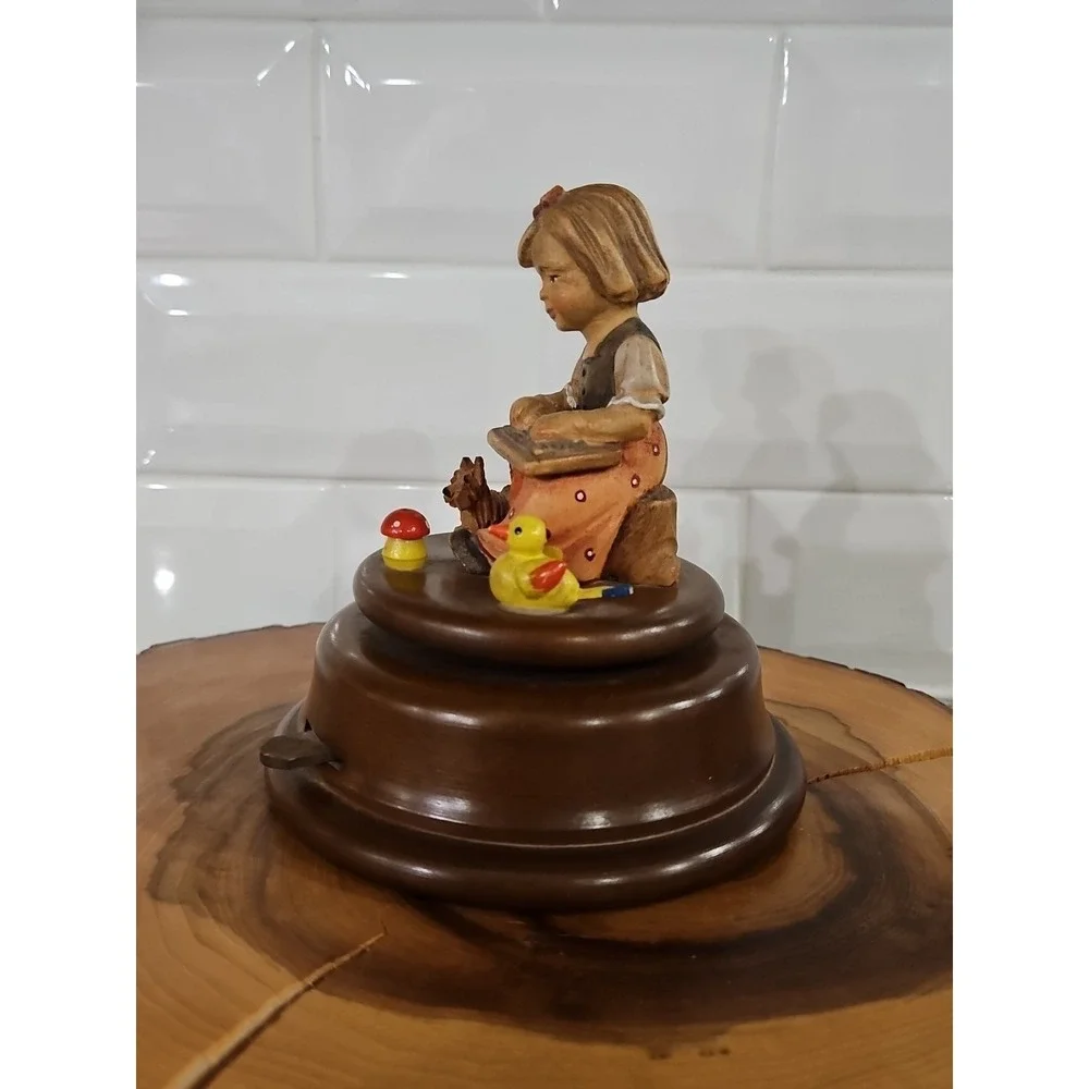 VINTAGE REUGE ROTATING WOOD CARVED MUSIC BOX HAS Girl, Dog,mushroom And Bird 5×5